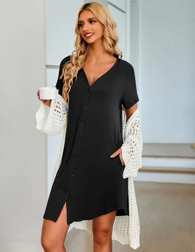 Miniatura 2 de Ekouaer Camisón de manga corta con botones para mujer, cuello en V, suave, pijama con bolsillos