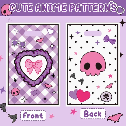 Miniatura 3 de 50 bolsas de regalo de plástico con diseño de dibujos animados kawaii de 6.5 x 10 pulgadas, con diseño de corazón de lazo y asas, para fiestas