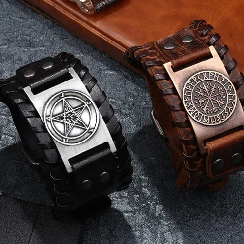 Miniatura 2 de Pulsera de cuero satánico, pulsera de cabeza de cabra satánica de baphomet de demonio, brazalete gótico de pentagrama invertido