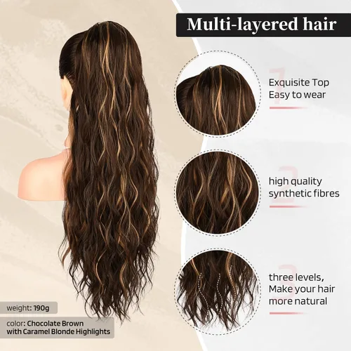 Miniatura 2 de Flufymooz Extensión de cola de caballo, Extensiones de cabello con cordón de 26 pulgadas para mujeres, cola de caballo larga rizada y ondulada