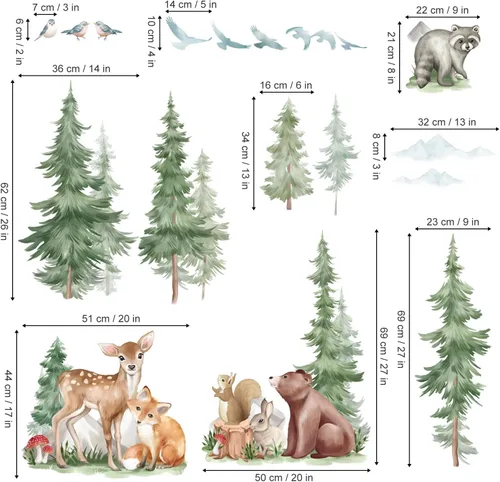 Miniatura 4 de Wondever Adhesivos de pared de árbol de montaña, árbol grande de pino, pegatinas de pared de arte con animales del bosque, oso, zorro, quitar
