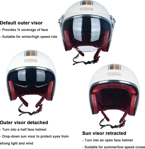 Miniatura 3 de Casco de motocicleta de cara abierta para adultos, aprobado por DOT, casco vintage 3/4 medio Vespa con doble visera para hombres y mujeres