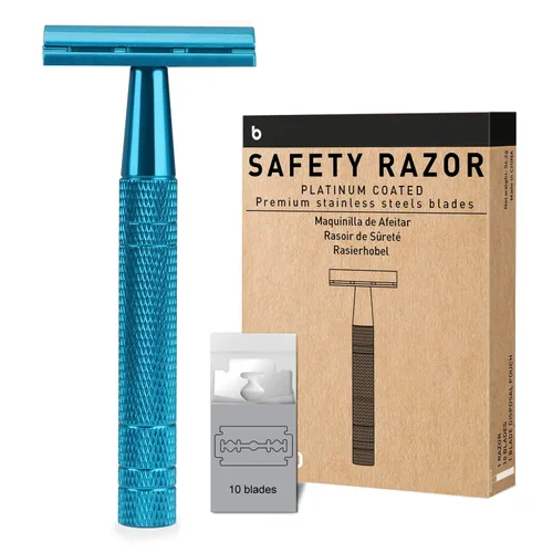 Maquinilla de afeitar de seguridad azul, navajas de una sola hoja para hombres | Reusable Metal Razor, with 10 Platinum Coated Double Edge Blades,