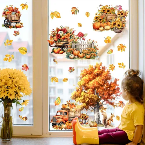 Miniatura 4 de Calcomanías de pared de árbol de arce, calcomanías de pared de otoño con hojas de otoño, calcomanías de pared de hojas de árbol amarillo