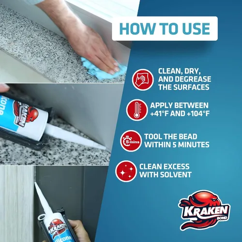 Miniatura 5 de Kraken Bond Sellador de silicona gris resistente al agua Cartucho de 100 a 10 onzas líquidas – RTV silicona calafateo para cocina y baño, todo