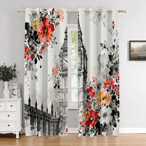 Miniatura 24 de Cortinas opacas de cocina con pintura al óleo de Europa rosa y negra para ventanas, cenefas opacas modernas de torre Eiffel de poliéster multicapa