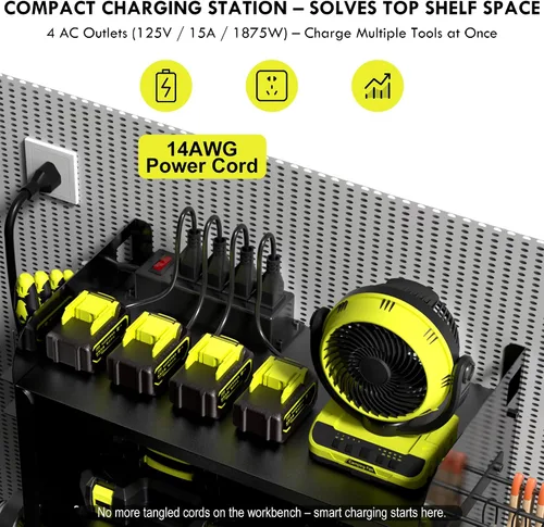 Miniatura 3 de KSVO Organizador de herramientas eléctricas para montaje en pared con estante de taladro y cajones de bloqueo, estante de herramientas de metal Negro
