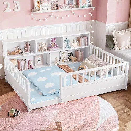 Miniatura 10 de SOFTSEA Montessori - Cama con puerta y barandillas, marco de cama baja de madera maciza con valla, no necesita somier, natural