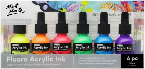 Mont Marte Tinta acrílica premium de 6 piezas x 20 ml (0,7 fl.oz. EE.UU.), tintas acrílicas para artistas, colores fluoro, ideal para aerógrafo,