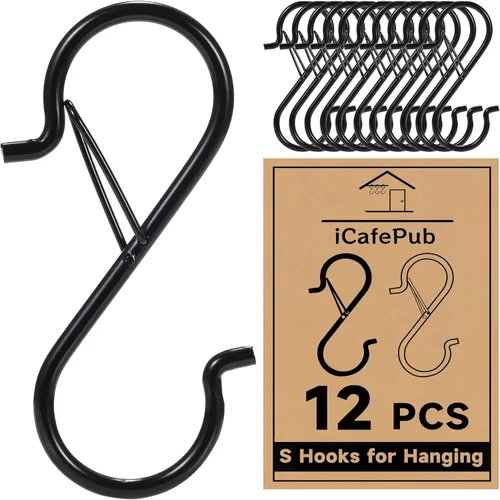 12 ganchos en S para colgar con hebilla de seguridad, ganchos de metal resistente en forma de S de 3.5 pulgadas para utensilios de cocina, tazas,