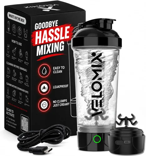 VELOMIX Botella agitadora de proteínas eléctrica - 24 oz | Recargable USB-C | Vasos agitadores a prueba de fugas para batidos de proteínas |