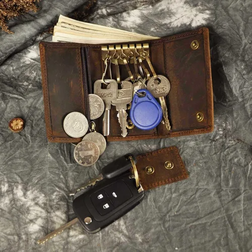 Miniatura 6 de Le'aokuu Funda de cuero genuino para llave de coche con gancho para monedas, billetera a presión