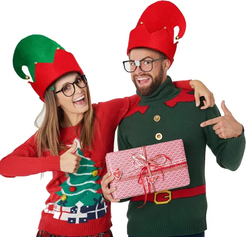 Miniatura 4 de SATINIOR 6 Piezas Sombreros de Fieltro de Elfo de Navidad Xmas Sombreros de Elfo de Santa Rojo y Verde con Campanas para Niños Adultos Regalos