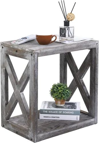 Miniatura 6 de MyGift Mesita de noche, mesa auxiliar gris rústica, mesita de noche de madera con diseño en X y estante inferior de almacenamiento