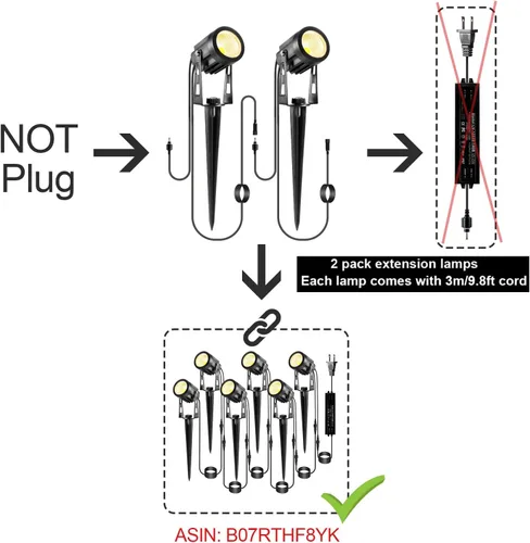 Miniatura 2 de Paquete de 2 luces de extensión cada una con cables de 9.84 pies para luces blancas cálidas de paisaje, sin enchufe/adaptador