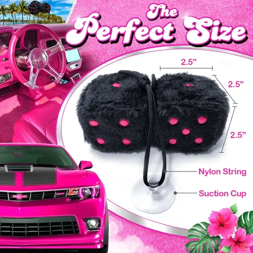 Miniatura 3 de Dados Peludos Negros Accesorios para Automóvil – Accesorios de Coche de Felpa Rosa Lindos para Interior – Adornos Decorativos Colgantes de Felpa