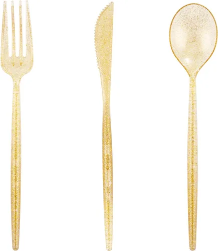 Supernal Juego de 180 piezas de cubiertos de plástico dorados. Cubiertos de plástico duraderos en color dorado con brillo para fiestas. Cubiertos