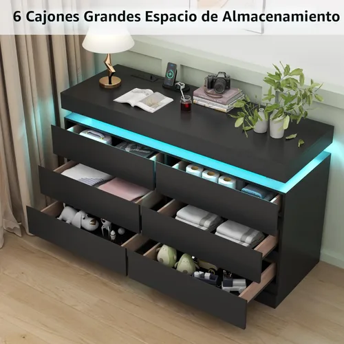 Miniatura 5 de Gyfimoie Cómoda de 6 cajones con toma de corriente, cómoda con luz LED, cómoda moderna de cajones para armario, gabinete organizador de cajones Negro