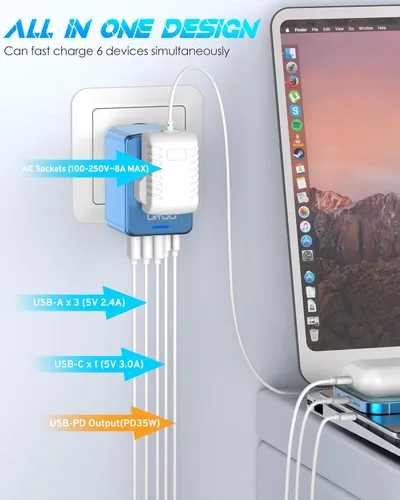 Miniatura 3 de Adaptador de viaje universal, carga rápida PD de 35 W y 2 USB C 3 USB A y salida de CA de 2500 W, adaptador de corriente internacional para Europa