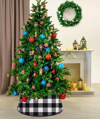 Miniatura 5 de FANPROMS Collar de árbol de Navidad en blanco y negro de 24 pulgadas, diseño de búfalo a cuadros, bordado de terciopelo, falda de árbol, decoración