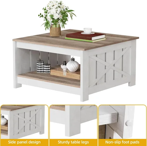 Miniatura 5 de Mesa de café cuadrada DWVO para sala de estar, mesa de café de casa de campo con almacenamiento, mesas de café de madera de 2 niveles mesa central