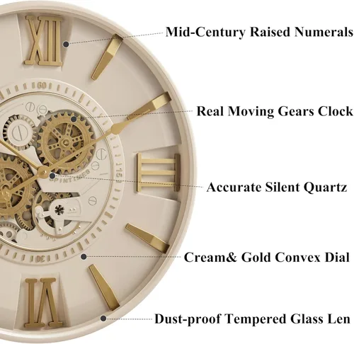 Miniatura 3 de CLXEAST Relojes de pared modernos minimalistas de mediados de siglo, reloj de pared de 24 pulgadas con engranajes móviles, relojes de pared grandes
