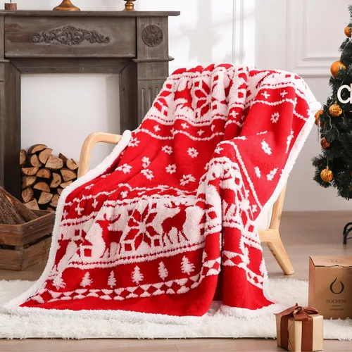 Miniatura 10 de SOCHOW - Manta de forro polar sherpa con jacquard navideño de jengibre, manta de felpa reversible, cálida y difusa, muy suave, para la cama, el sofá
