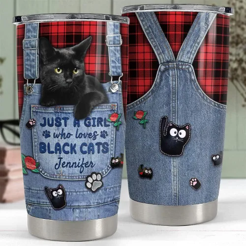 Miniatura 4 de SANDJEST Vaso personalizado de gato negro con texto en inglés «Just A Girls Who Loves Cat», vasos de 20 onzas y 30 onzas con tapa, regalo