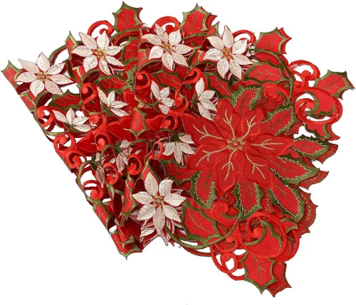 Miniatura 3 de Juego de 4 manteles individuales con bordados de flor de Pascua de Navidad, 12 x 18 pulgadas