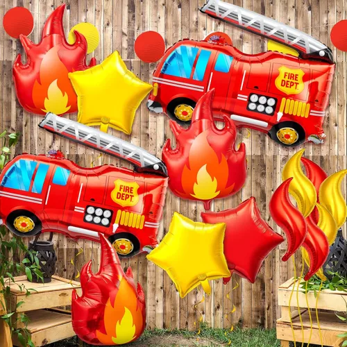 Miniatura 7 de Juego de 18 globos de camión de bomberos, decoraciones de fiesta de cumpleaños de bomberos con camión de bomberos, globos de estrella de llama