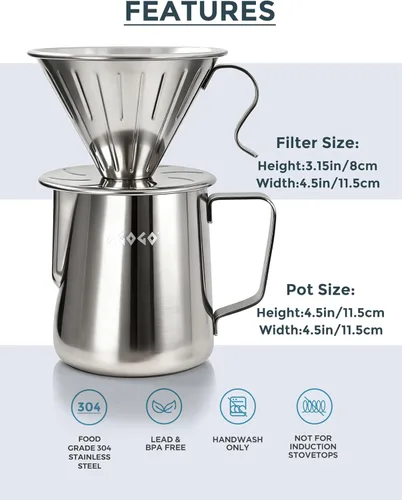 Miniatura 6 de AGOGO Cafetera portátil de goteo V60 - Juego fácil de limpieza compacto gotero de acero inoxidable 304 para acampar y 50 filtros de papel y paño