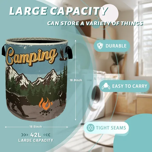 Miniatura 2 de Cesta de lavandería retro con asas de oso de montaña, plegable, con asas, bolsa de tela Oxford, divertida cesta de lavandería, cubo de Retro camping