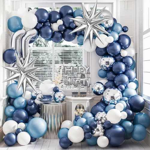 Miniatura 8 de Kit de arco de globos azul plateado, guirnalda de globos azul marino plateado con globos metálicos azul claro plateado globos de papel de aluminio