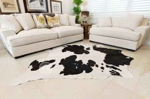 Miniatura 8 de Sunshine Cowhides Alfombra de piel de vaca 100 % auténtica, color blanco y negro, alfombra de estilo moderno de piel de animal y alfombra para sala
