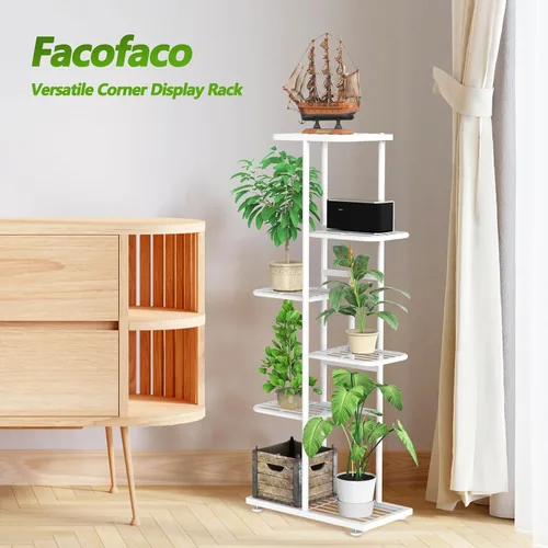 Miniatura 6 de Soporte para plantas de 6 niveles y 7 macetas para interiores con herramientas y guantes de jardinería, organizador de estantes de metal esquineros