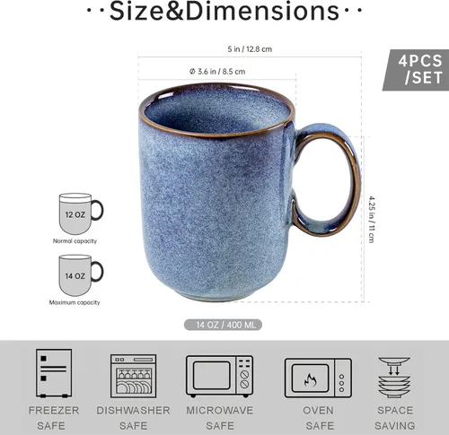 Miniatura 2 de UNICASA Taza de café – Juego de 4 tazas de té de cerámica de 14 onzas, cereales de porcelana, tazas con asa grande para café, té, leche, café