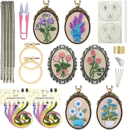 Miniatura 15 de ZOCONE 4 Paquetes de Kits de Collar de Bordado, Kit de Colgante de Bordado Mini Kit de Punto de Cruz con 4 Aros, Collar, Colgante, Tela