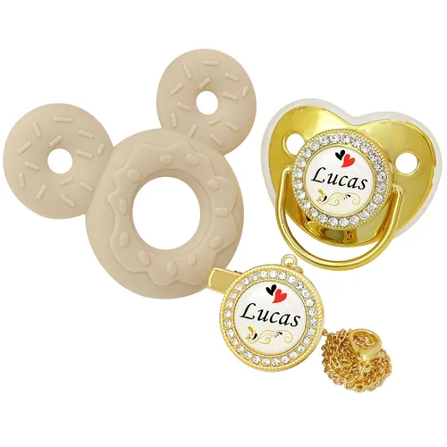 Juego de chupete personalizado y clip para chupete con nombre, chupete personalizado, nombre y cadena personalizados, juguetes mordedores de Dorado