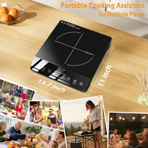 Miniatura 5 de Placa de inducción de quemador único, cocina de inducción portátil certificada ETL de 1800 W, bobina de calentamiento grande de 8 pulgadas, 12