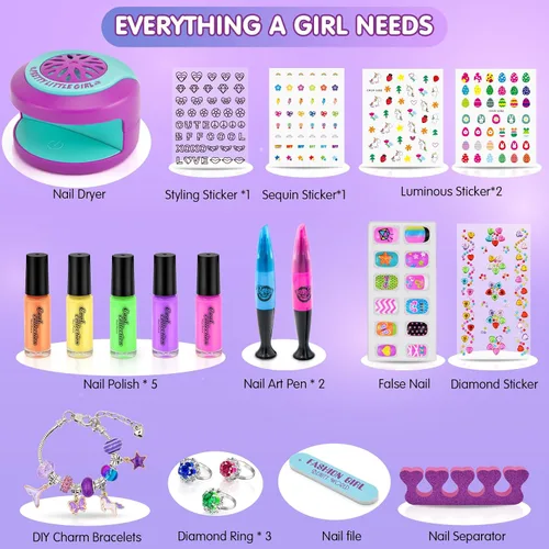 Miniatura 9 de Juego de esmaltes de uñas para niñas, kit de arte de uñas DIY con secador de uñas, uñas postizas, pegatinas de uñas, esmalte de uñas despegable,