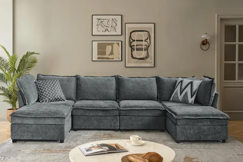 Miniatura 14 de HULALA HOME Sofá seccional modular, sofá grande en forma de U de 8 asientos con otomano de almacenamiento, sofá cómodo de chenilla con asiento