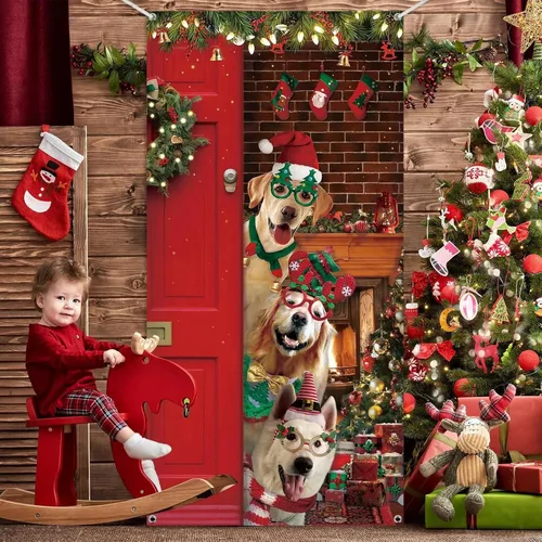 Miniatura 5 de Tiamon Decoración de Cubierta de Puerta de Navidad Divertida Cubierta de Puerta de Feliz Navidad Telón de Fondo Lindo de Perro de Papá Noel
