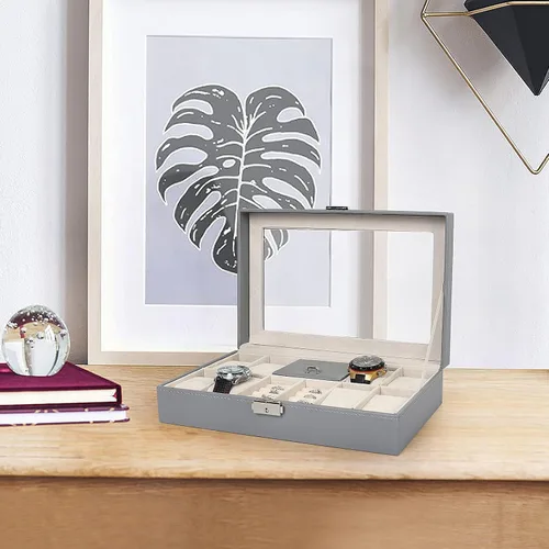 Miniatura 7 de NEX Caja de reloj, 8 ranuras de cuero con cerradura para reloj con almacenamiento de anillo para mujeres y hombres (gris)