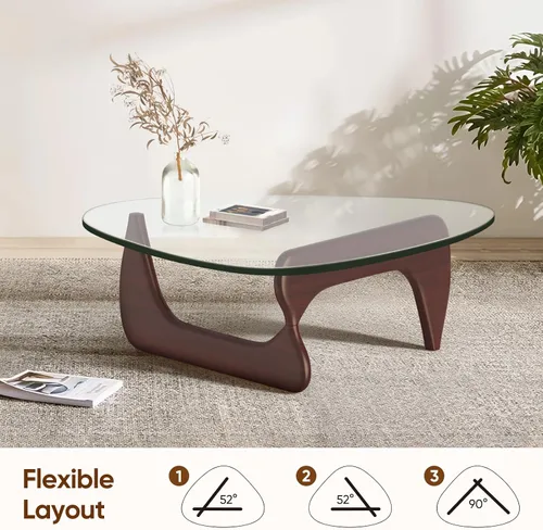 Miniatura 7 de Mesa de café triangular de vidrio moderna, con vidrio transparente vintage y base de madera maciza, mesa auxiliar para sala de estar, oficina, Nogal