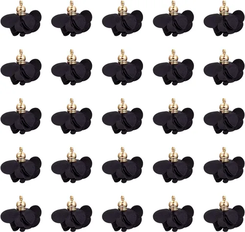 Cheriswelry 50 colgantes de tela de tela de flores de tela negra con pétalos florales con tapa dorada en forma de campana para manualidades, aretes,