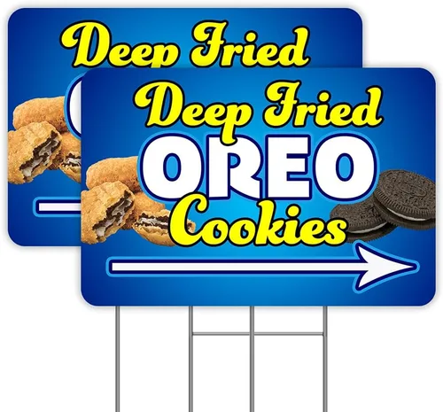 Deep Fried Oreo Cookies Arrow Paquete de 2 carteles de doble cara para patio de 16 x 24 pulgadas con estacas de metal (fabricado en los Estados