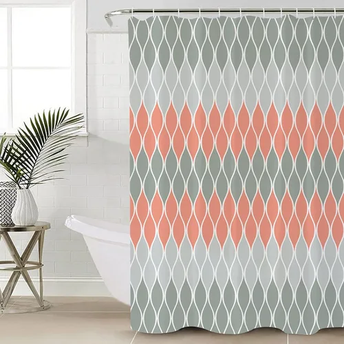 Miniatura 9 de Cortina de ducha, diseño de rayas onduladas, patrón geométrico, gris, amarillo, repelente al agua, tela de poliéster, cortinas de baño con ganchos