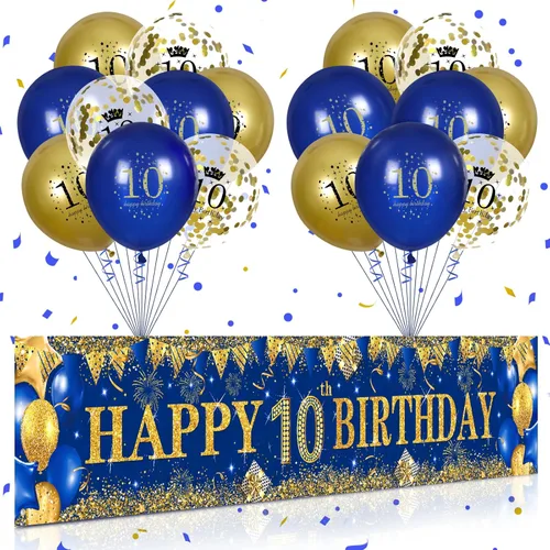 Decoraciones de cumpleaños número 10 para niños pequeños, niños y niñas, azul marino y dorado, pancarta de fiesta de feliz cumpleaños de 18 piezas
