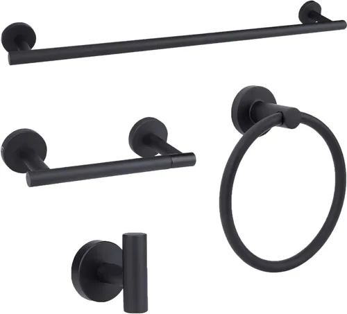 Juego de accesorios de baño negro mate de 4 piezas, juego de toallero de acero inoxidable montado en la pared, incluye toalla de mano de 24