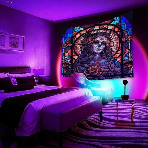 Miniatura 4 de RILACON Tapiz reactivo con luz negra del Día de los Muertos, tapiz para colgar en la pared, diseño de calavera de rosa y azúcar, póster de esqueleto